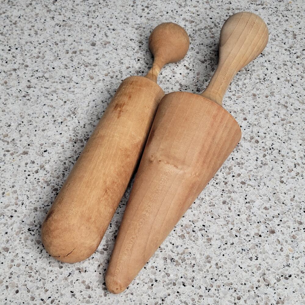 2 VTG MCM Wooden Pestle Cone & Bat Food Mill Masher Canning Primitive Hand Tool